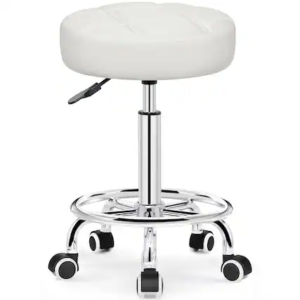 Front. KERDOM - Versatile Rolling Stool Adjustable Height PU Leather Swivel Small Office Chair without Back for Drawing Tattoo Salon Lab - White.