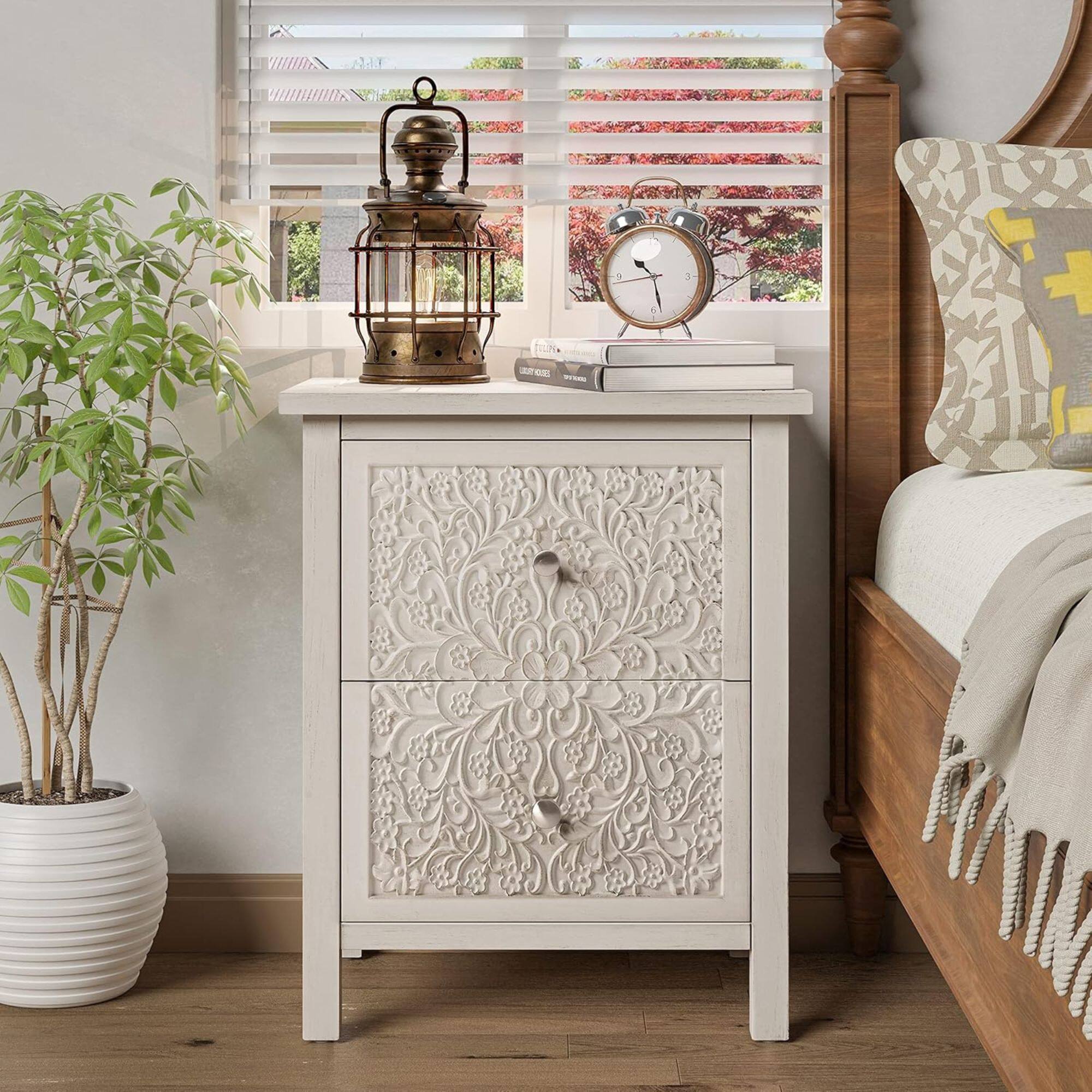 Alt View 7. COZAYH - COZAYH Farmhouse 2 Drawer Home Bedroom Nightstand w/Embossed Flower Motif, White - White.