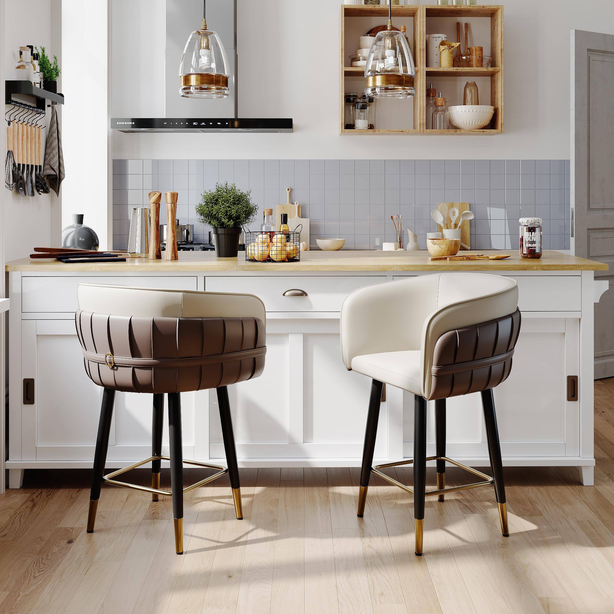 Angle. POVISON - 24" Modern Upholstered Counter Height Bar Stools Set of 2, Bar Chairs for Kitchen Island & Counter Table, Brown & Beige - Beige & Brown PU Leather.