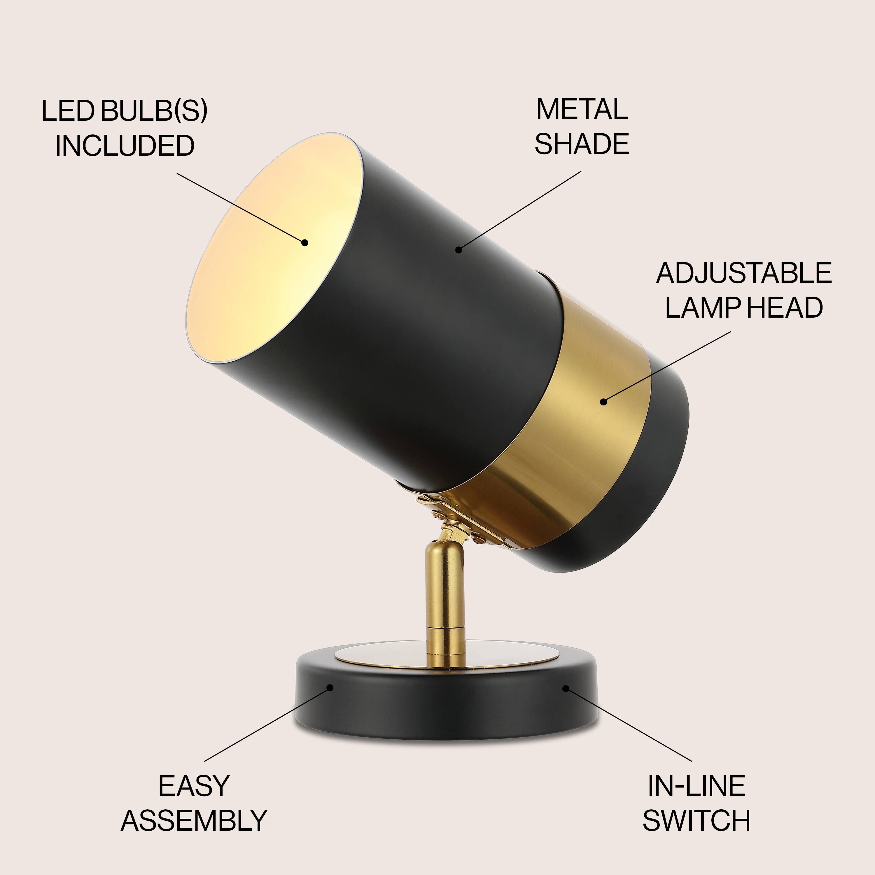 LED BULB(S) INCLUDED  
METAL SHADE  
ADJUSTABLE LAMP HEAD  
EASY ASSEMBLY  
IN-LINE SWITCH