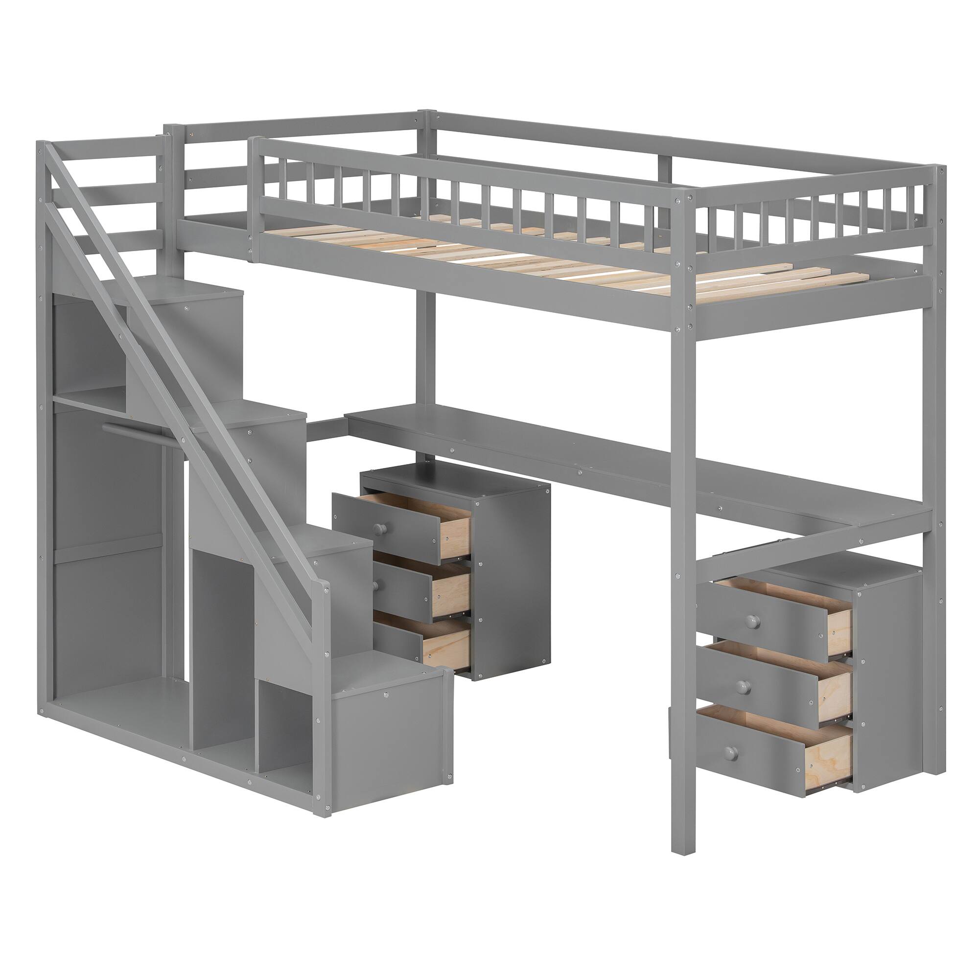 Alt View 1. Anysun - Twin Size Loft Bed with Two Chest of Drawers, Desk and Light Strip - Gray.