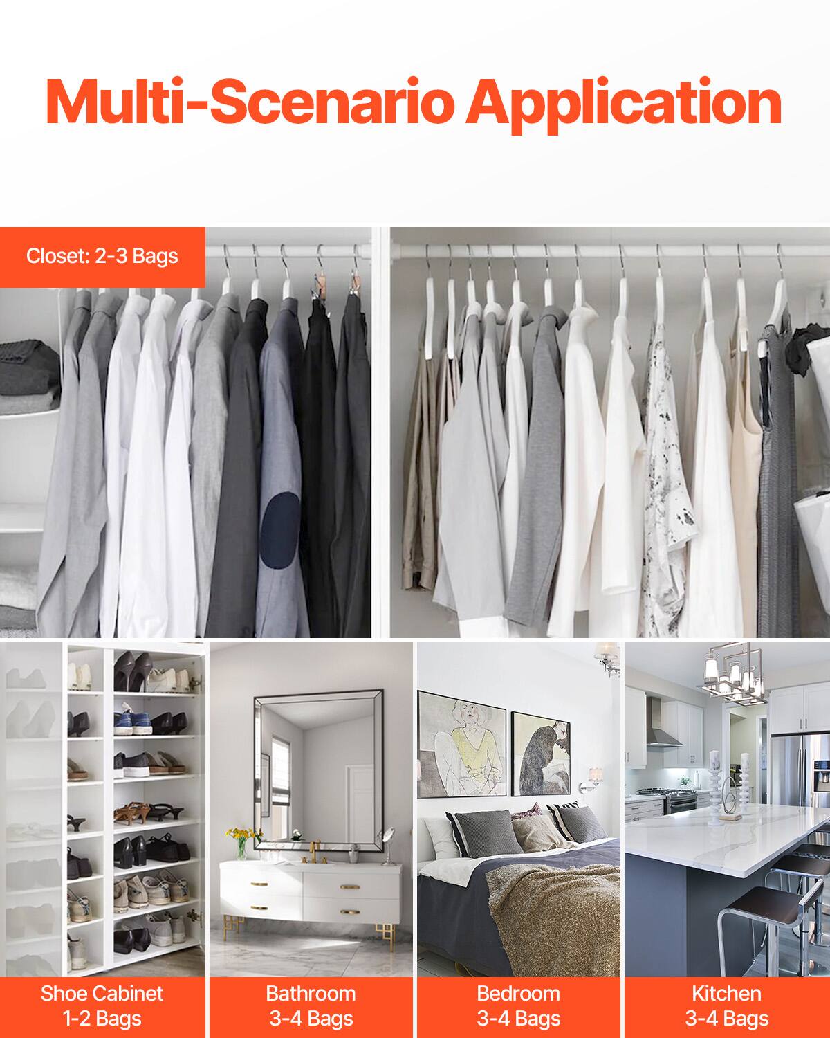 Multi-Scenario Application

Closet: 2-3 Bags

Shoe Cabinet: 1-2 Bags

Bathroom: 3-4 Bags

Bedroom: 3-4 Bags

Kitchen: 3-4 Bags