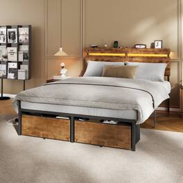 Furnulem - Platform Bed with 2 Drawers and Open Storage Headboard Adjustable LED Light and Charging Station - Brown