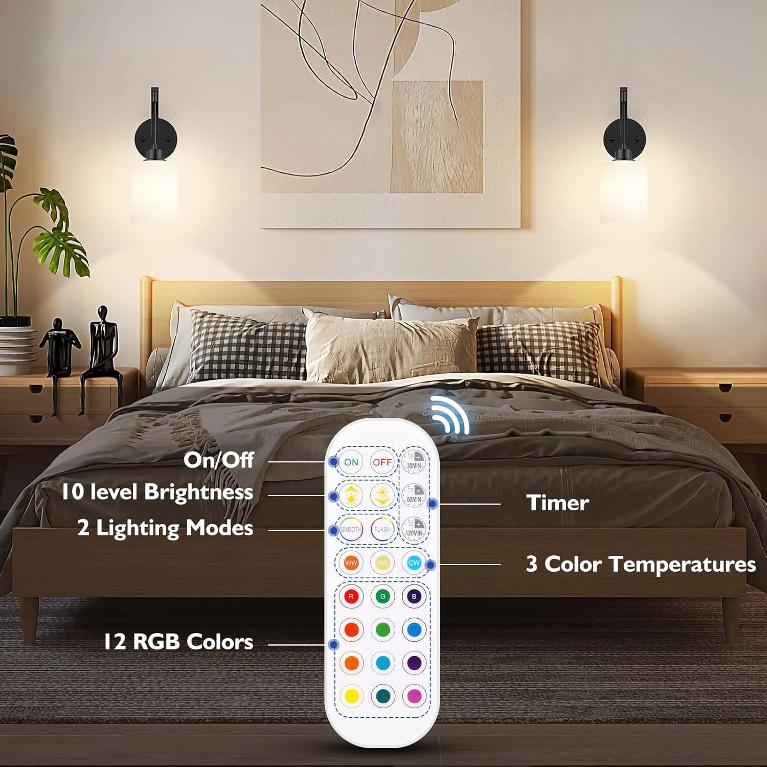 On/Off  
10 level Brightness  
2 Lighting Modes  
Timer  
3 Color Temperatures  
12 RGB Colors