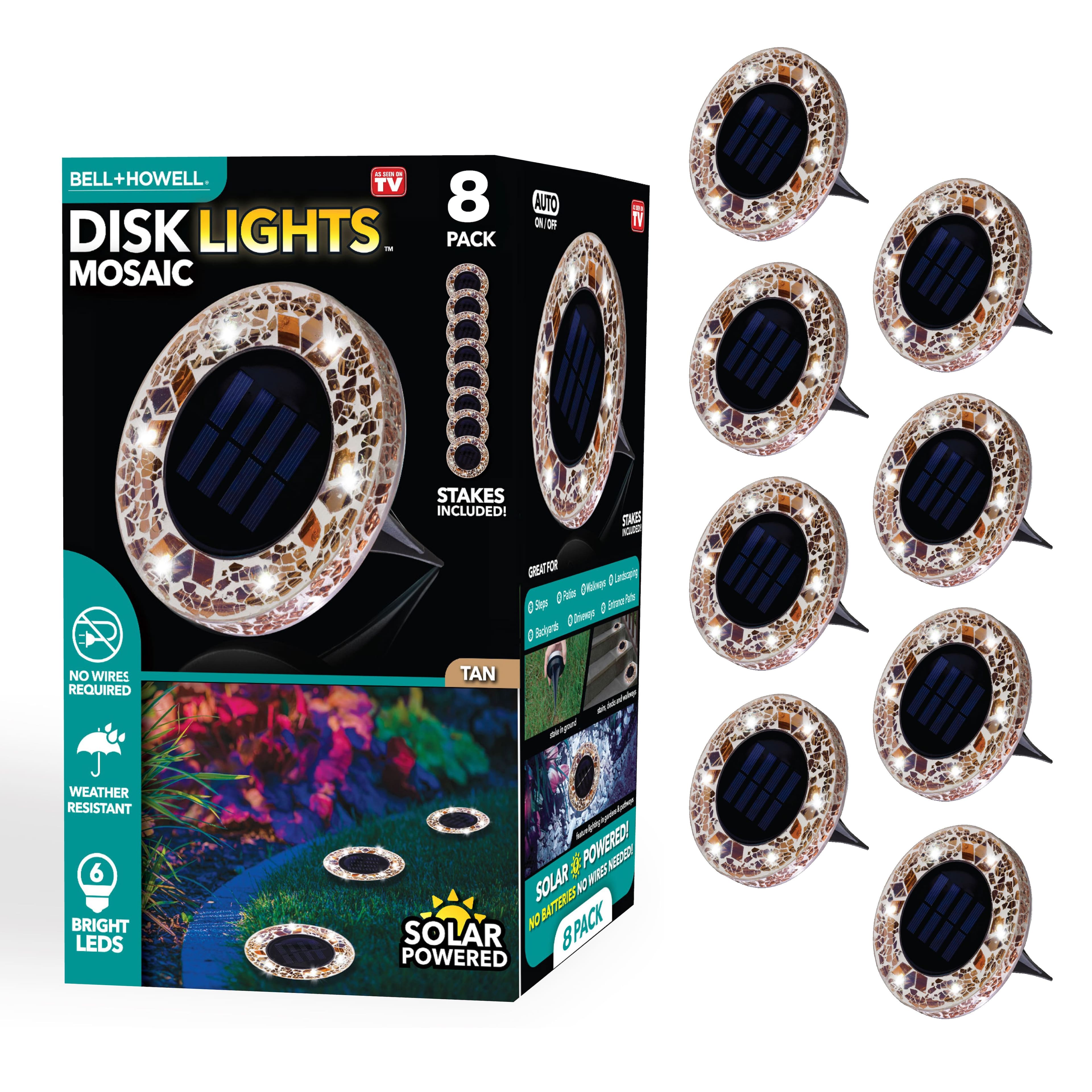 Bell + Howell - 6 LED Round  Mosaic Solar Powered Disk Lights with Auto On/Off - 8 Pack