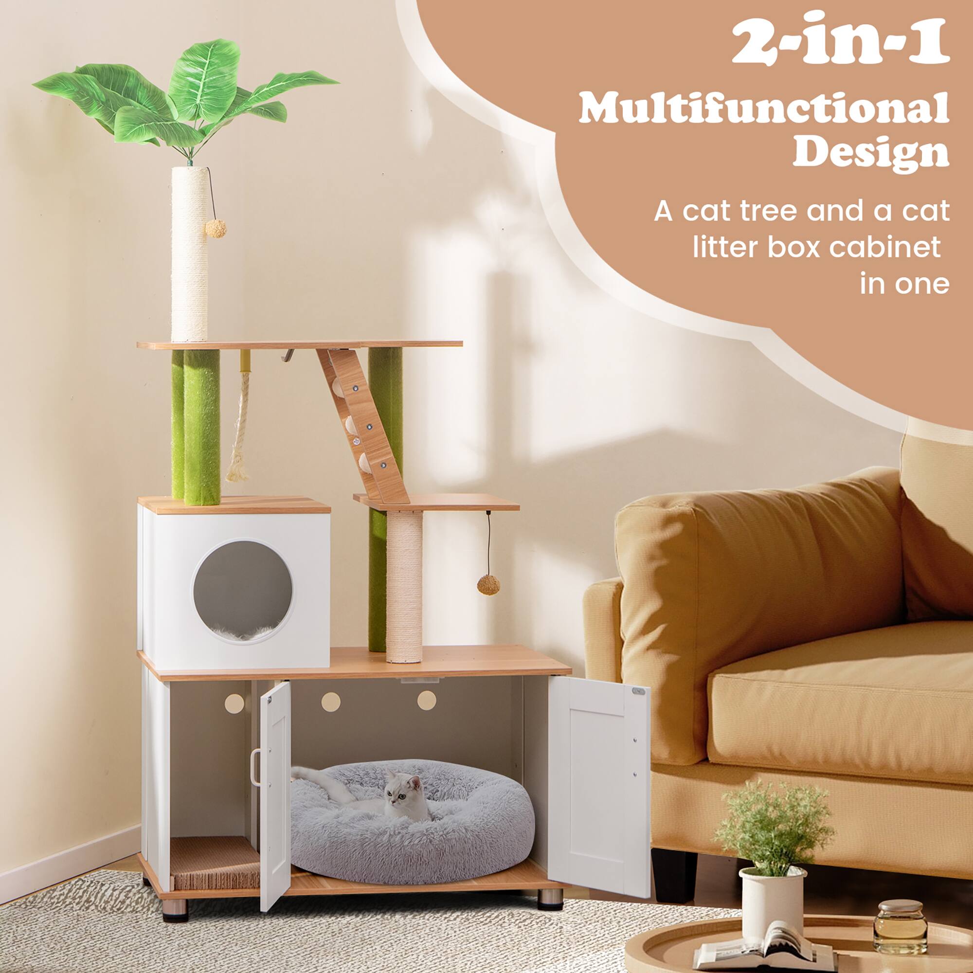 2-in-1 Multifunctional Design  
A cat tree and a cat litter box cabinet in one