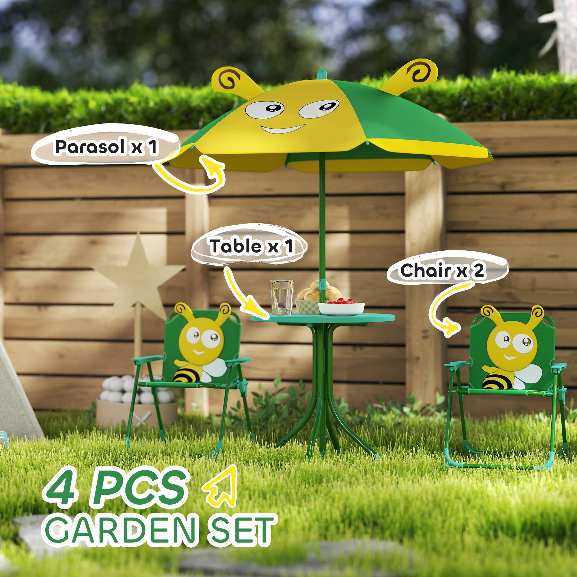 Parasol x 1  
Table x 1  
Chair x 2  

4 PCS GARDEN SET