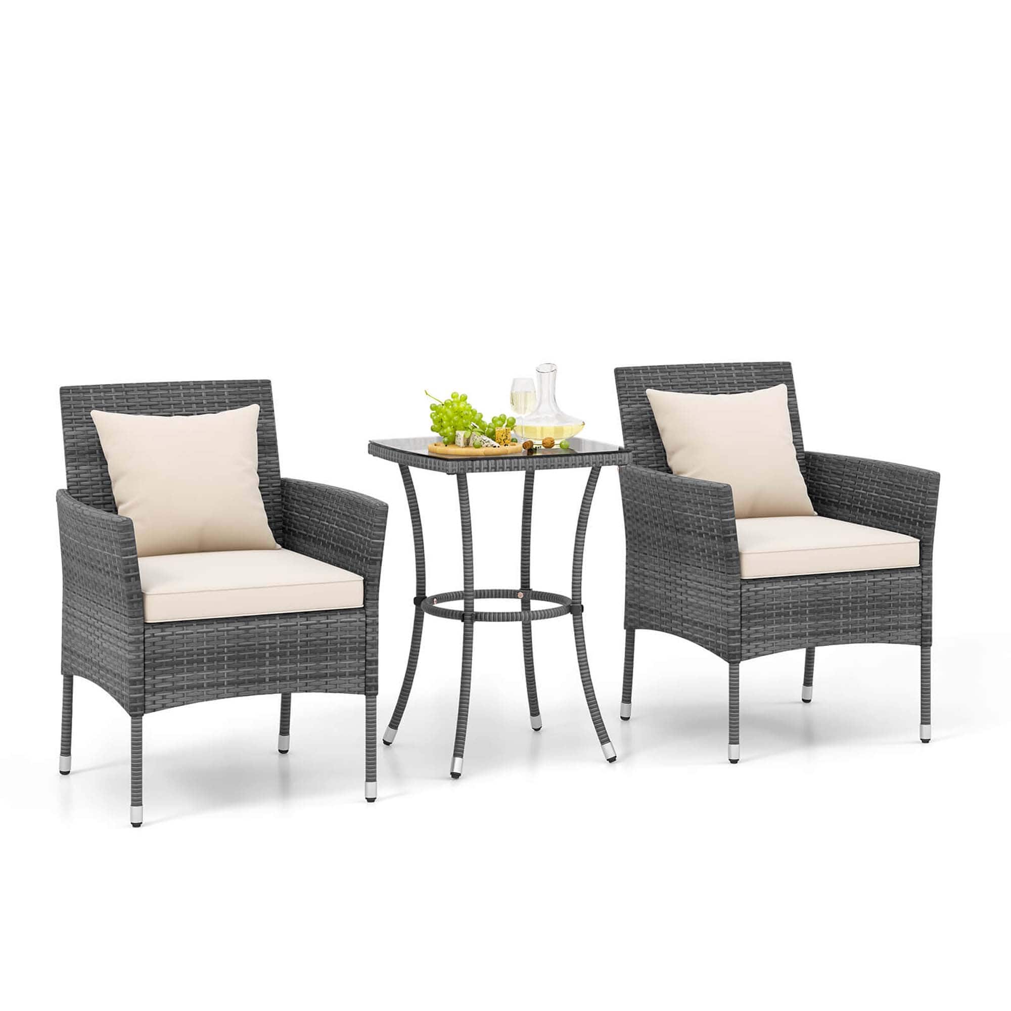 Front. Costway - 3 PCS Patio Furniture Set with Cushioned Patio Chairs & Tempered Glass Coffee Table - Off White + Mix Grey.