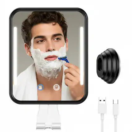 Front. Dazzed Corner - Lighted Heated Fogless Shower Mirror, 5000mAh, No-Drill Suction, Razor Holder - Black.