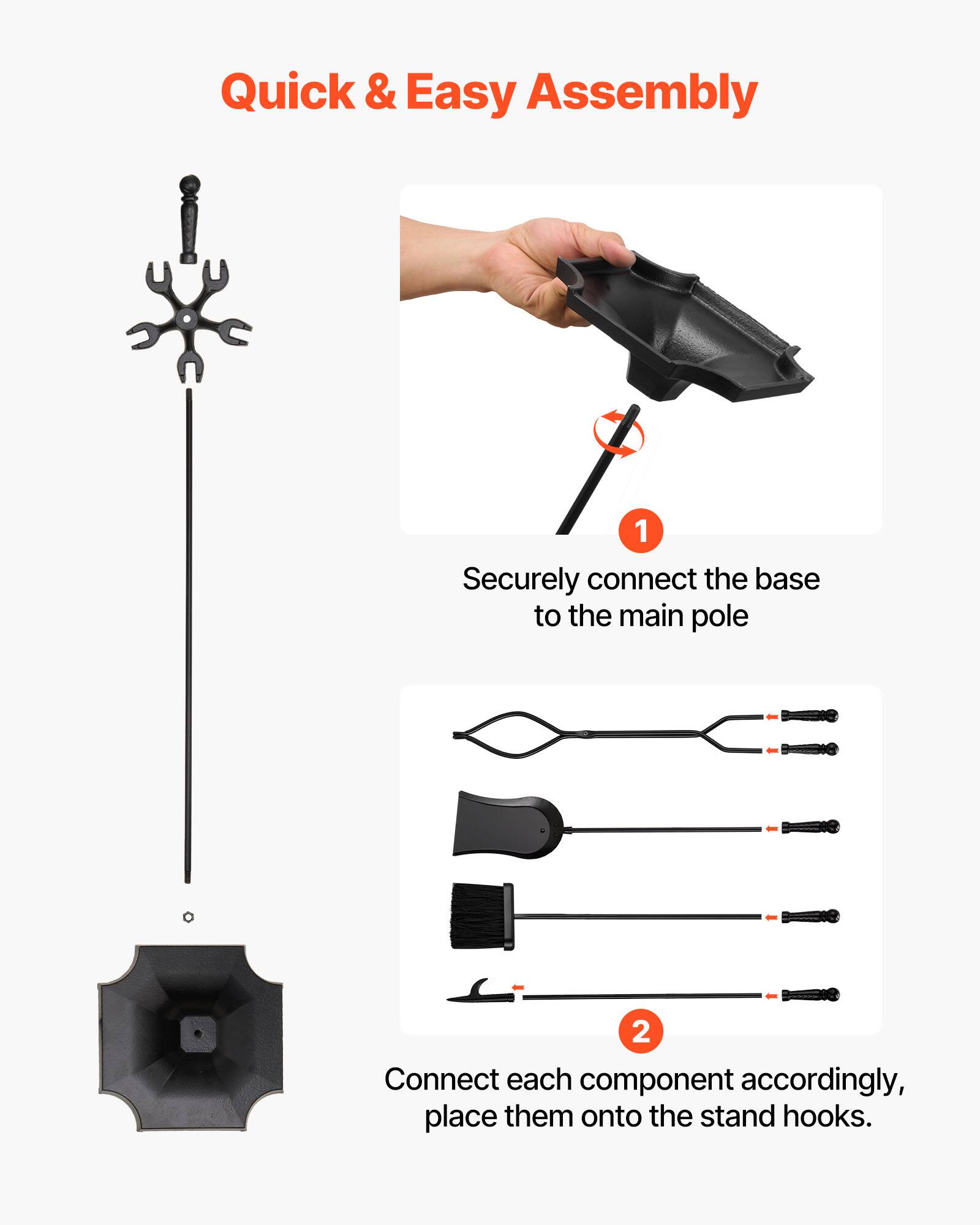 Quick & Easy Assembly

1. Securely connect the base to the main pole.

2. Connect each component accordingly, place them onto the stand hooks.