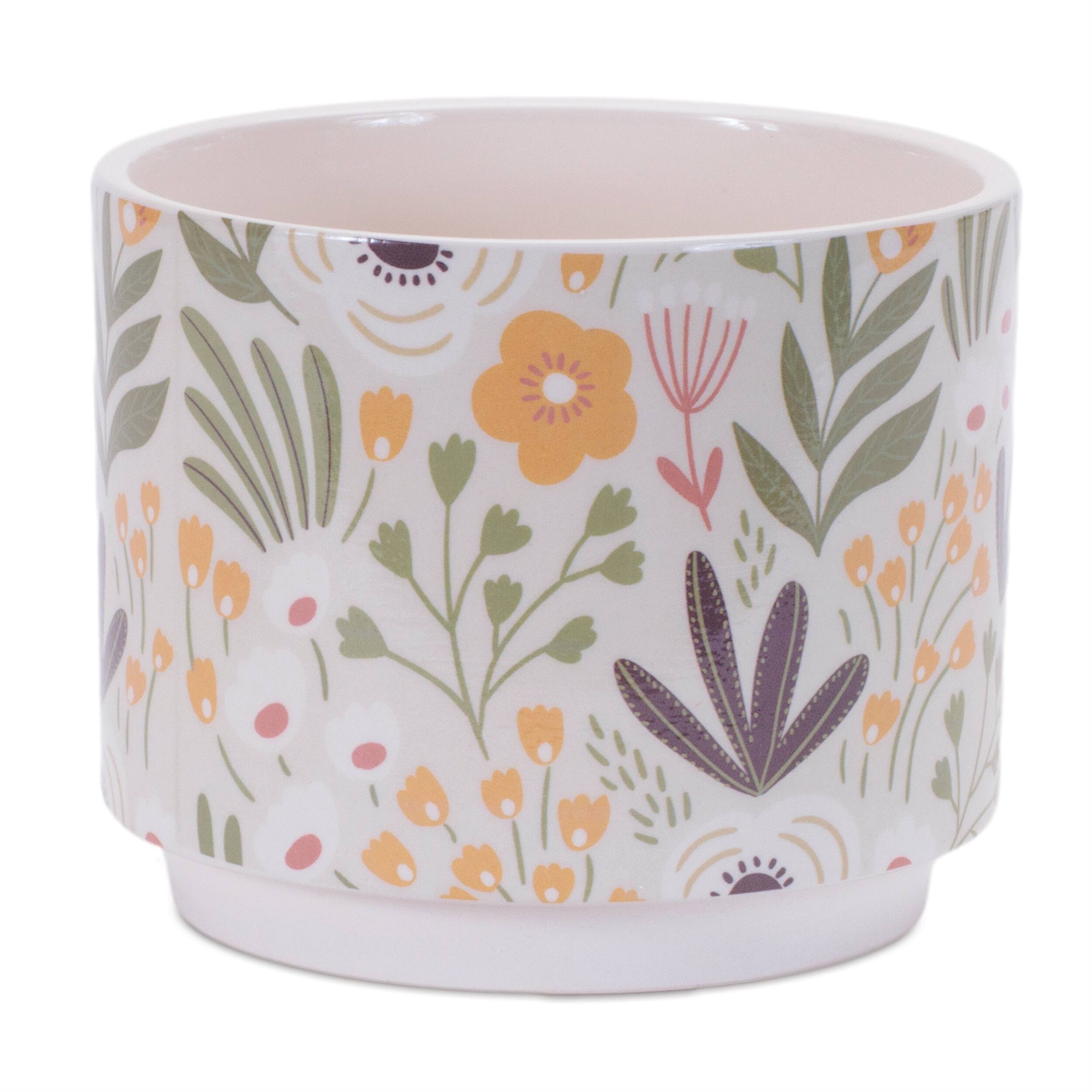 Alt View 1. BreeBe - Stone Floral Patterned Planter (Set of 3) - Beige, Green.