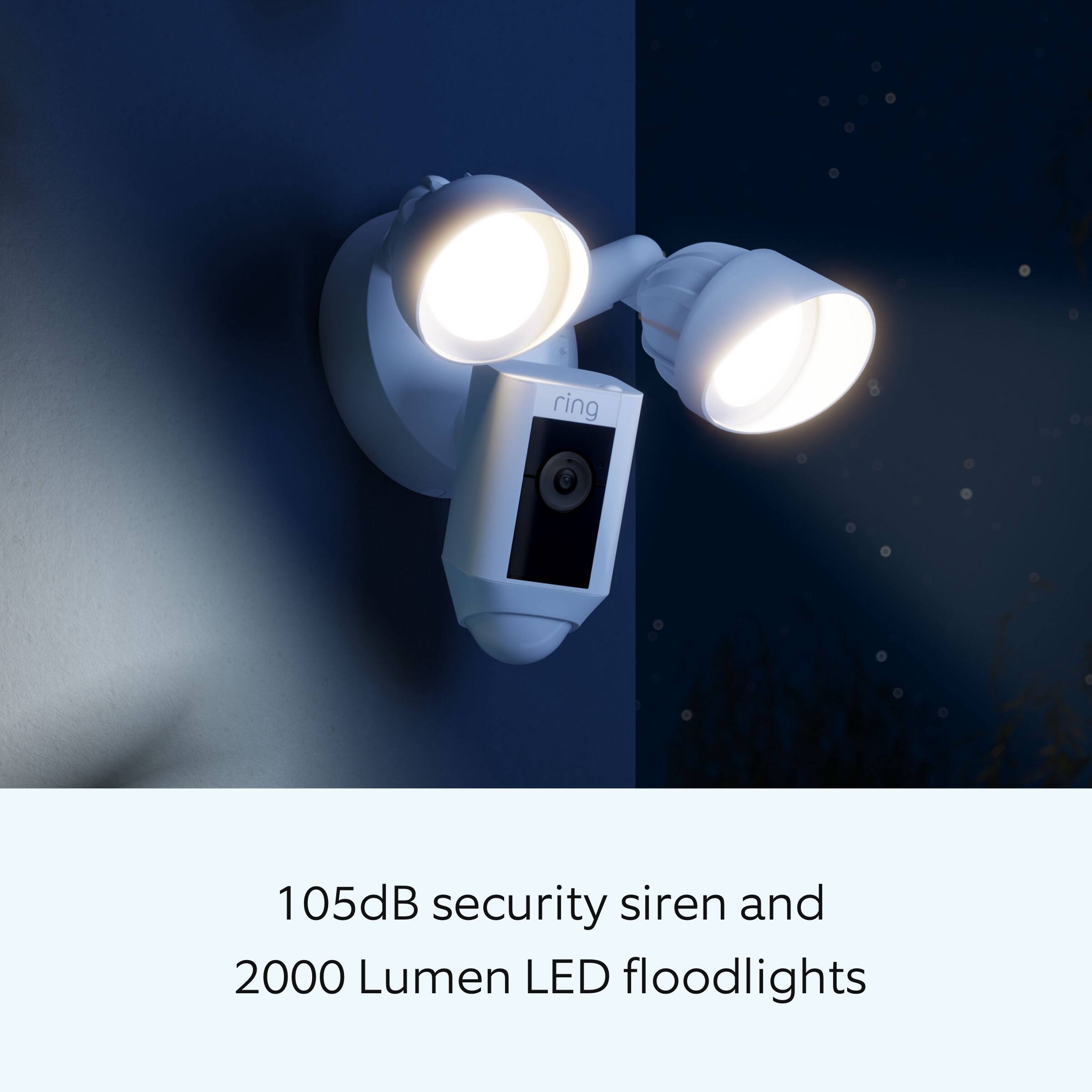 The image features a security camera with a 105dB security siren and 2000 Lumen LED floodlights.