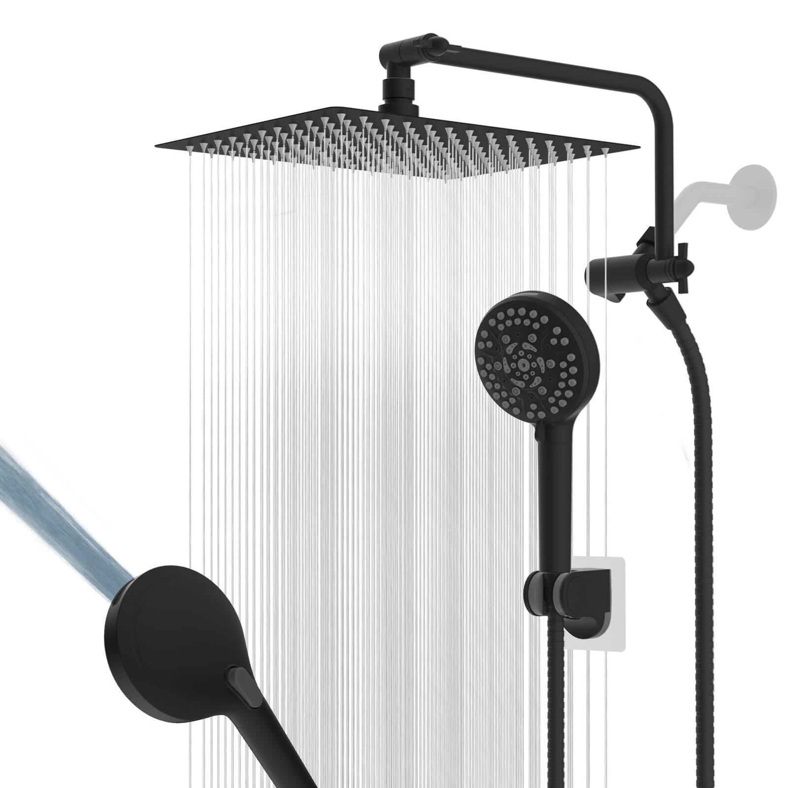 Dazzed Corner - Metal Rainfall Shower Head, High Pressure Handheld Showerhead Combo - Matte Black