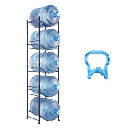 Front. VEVOR - 5 Tiers Water Jug Holder, 5 Gallon Water Bottle Holder, Single Row Water Bottle Rack for 5 Bottles - Black.
