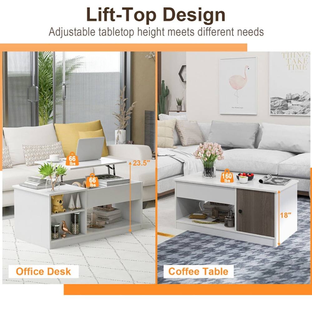 Lift-Top Design  
Adjustable tabletop height meets different needs  

Office Desk  
66 lbs  
23.5"  

Coffee Table  
160 lbs  
18"