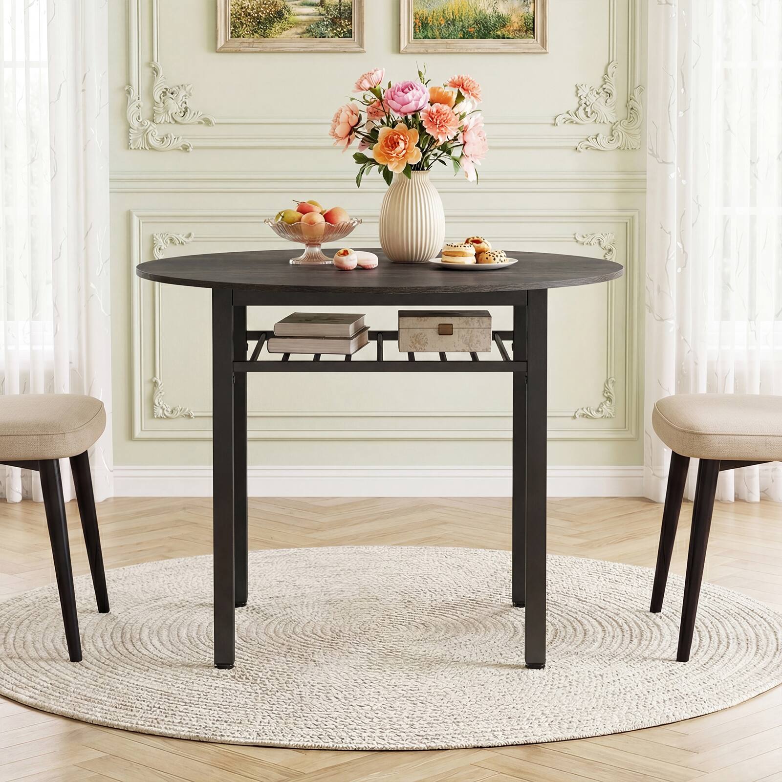 Alt View 1. Costway - Costway Dining Table for 2-4 People,40" Round Kitchen Table with Storage Shelf&Metal Frame - Gray + Black.
