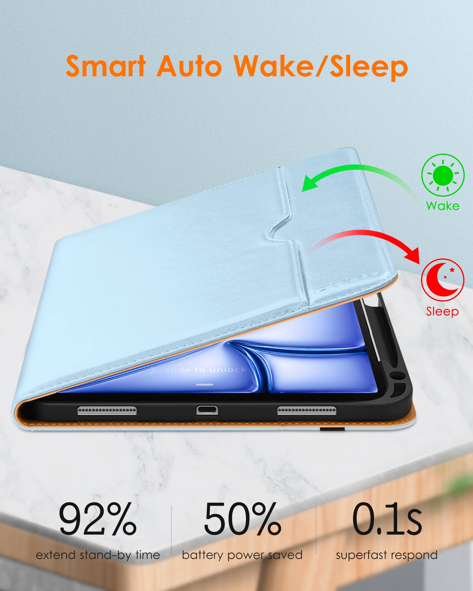 Smart Auto Wake/Sleep

- 92% extend stand-by time
- 50% battery power saved
- 0.1s superfast respond