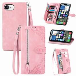 Dteck - Wallet Case with Zipper Pocket + Stand for Apple iPhone 17e / 16e,Protective Folio Cover with 6 Card Slots & Wrist Strap - Pink