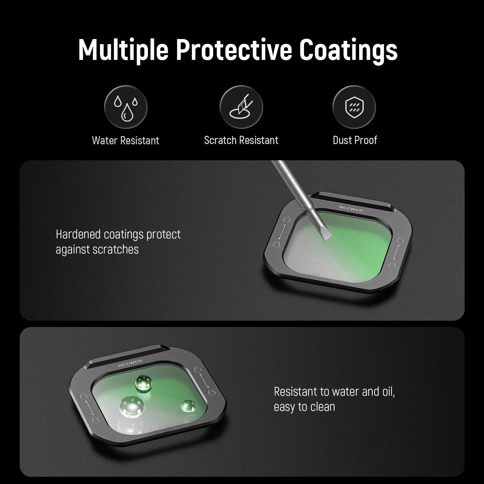 Multiple Protective Coatings

- Water Resistant
- Scratch Resistant
- Dust Proof

Hardened coatings protect against scratches

Resistant to water and oil, easy to clean