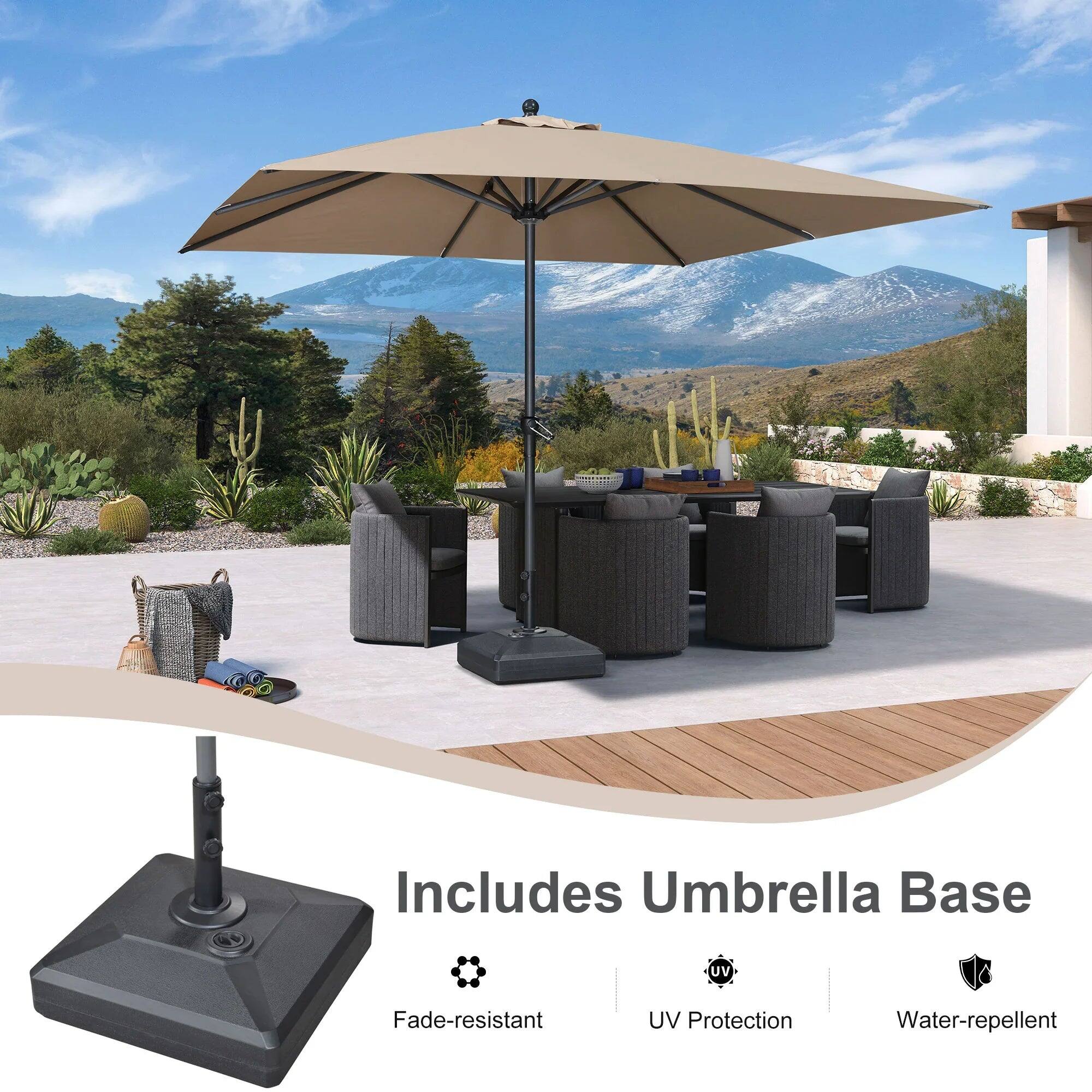 Includes Umbrella Base  
- Fade-resistant  
- UV Protection  
- Water-repellent