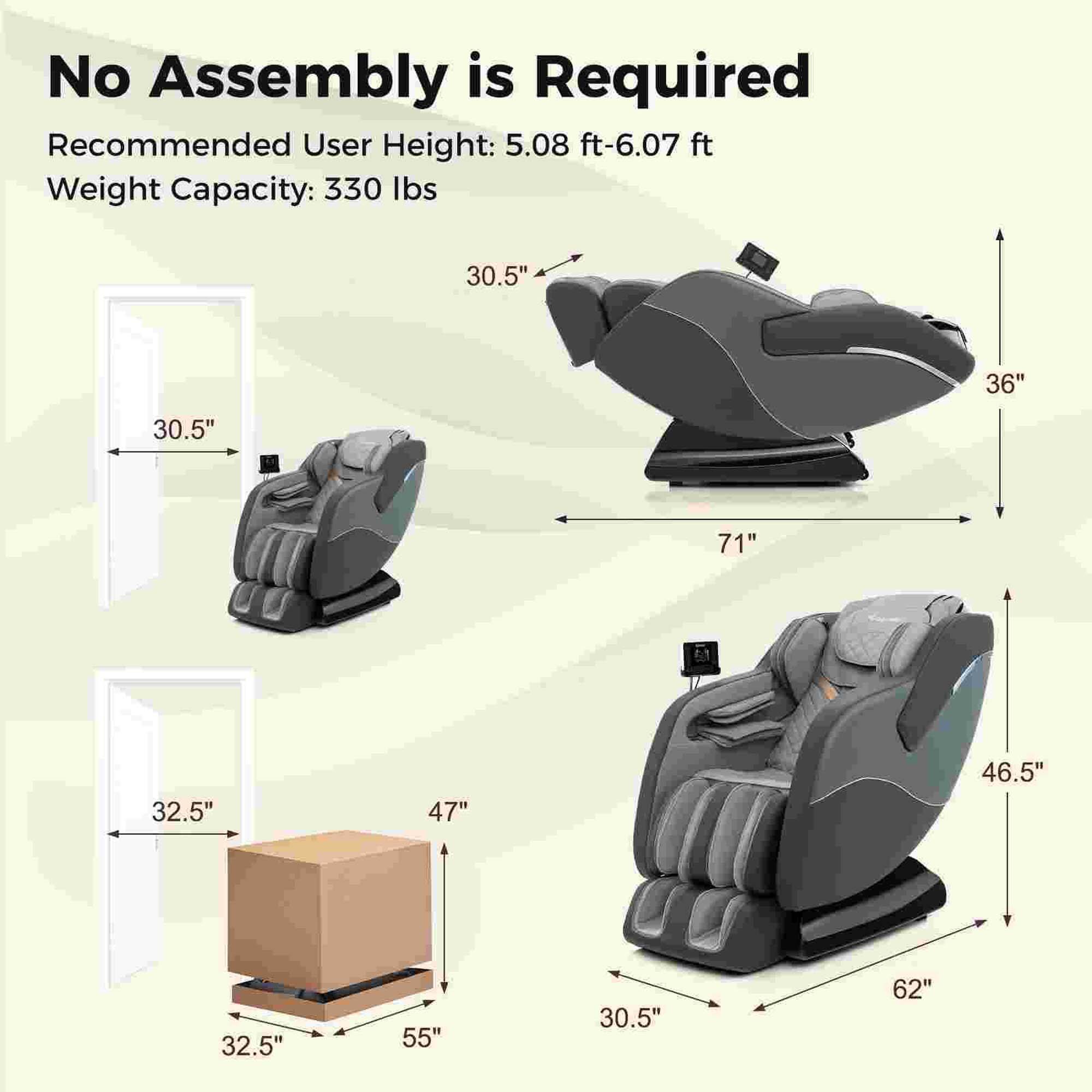No Assembly is Required. Recommended User Height: 5.08 ft-6.07 ft. Weight Capacity: 330 lbs. 30.5" 36" 30.5" 71" 32.5" 47" 46.5" 32.5" 55" 30.5" 62".