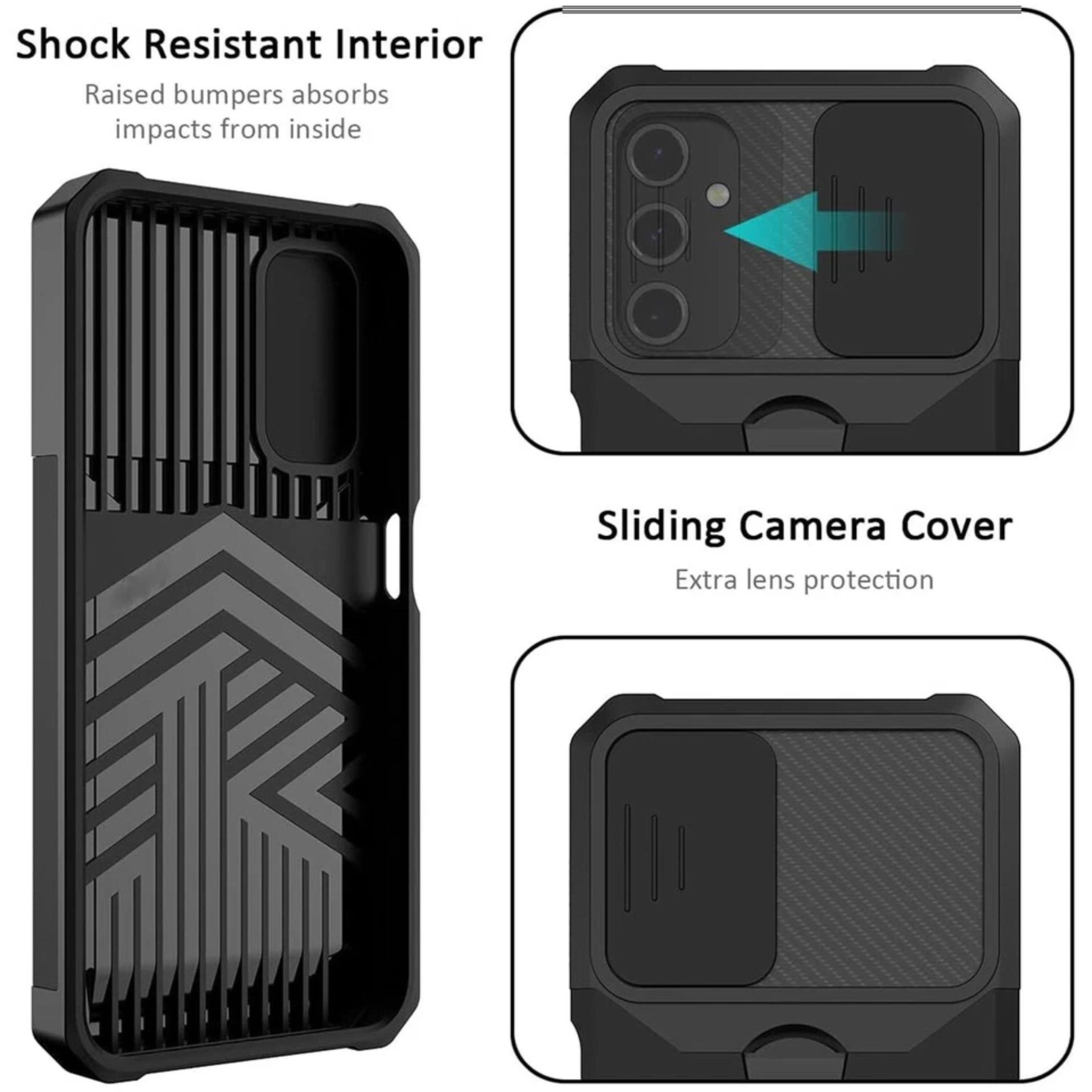 Shock Resistant Interior  
Raised bumpers absorb impacts from inside  

Sliding Camera Cover  
Extra lens protection