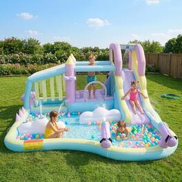 10:10 Games - nflatable Bounce House with 750W Air Blower, Outdoor Water Slide Park W/Cloud Spray Water, Jumping Area & Playhouse