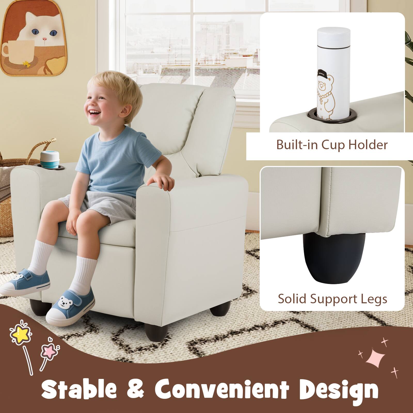 Built-in Cup Holder  
Solid Support Legs  
Stable & Convenient Design