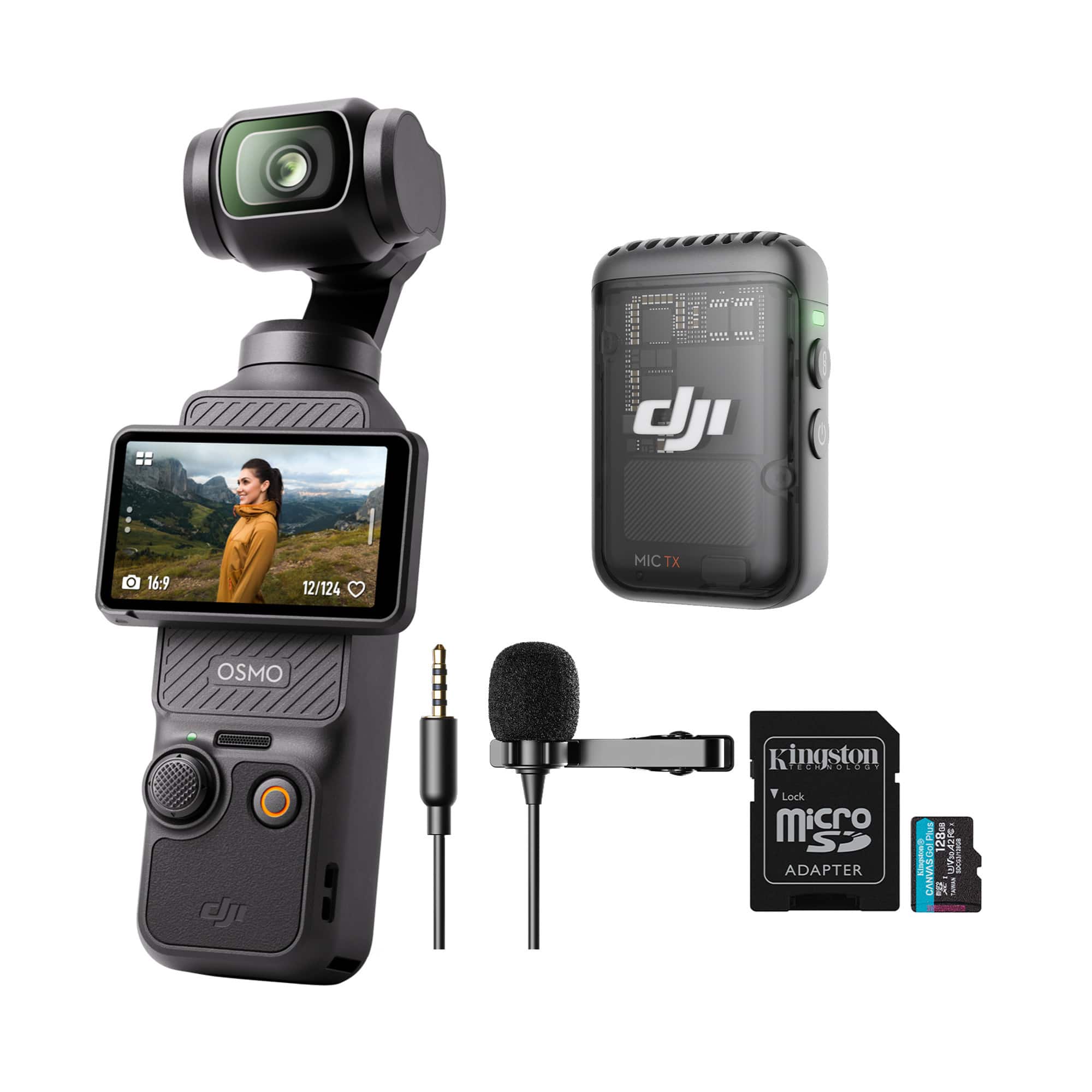 DJI - Osmo Pocket 3 with Mic 2 (1 TX,) Lav Mic, and 128GB MicroSD Card bundle