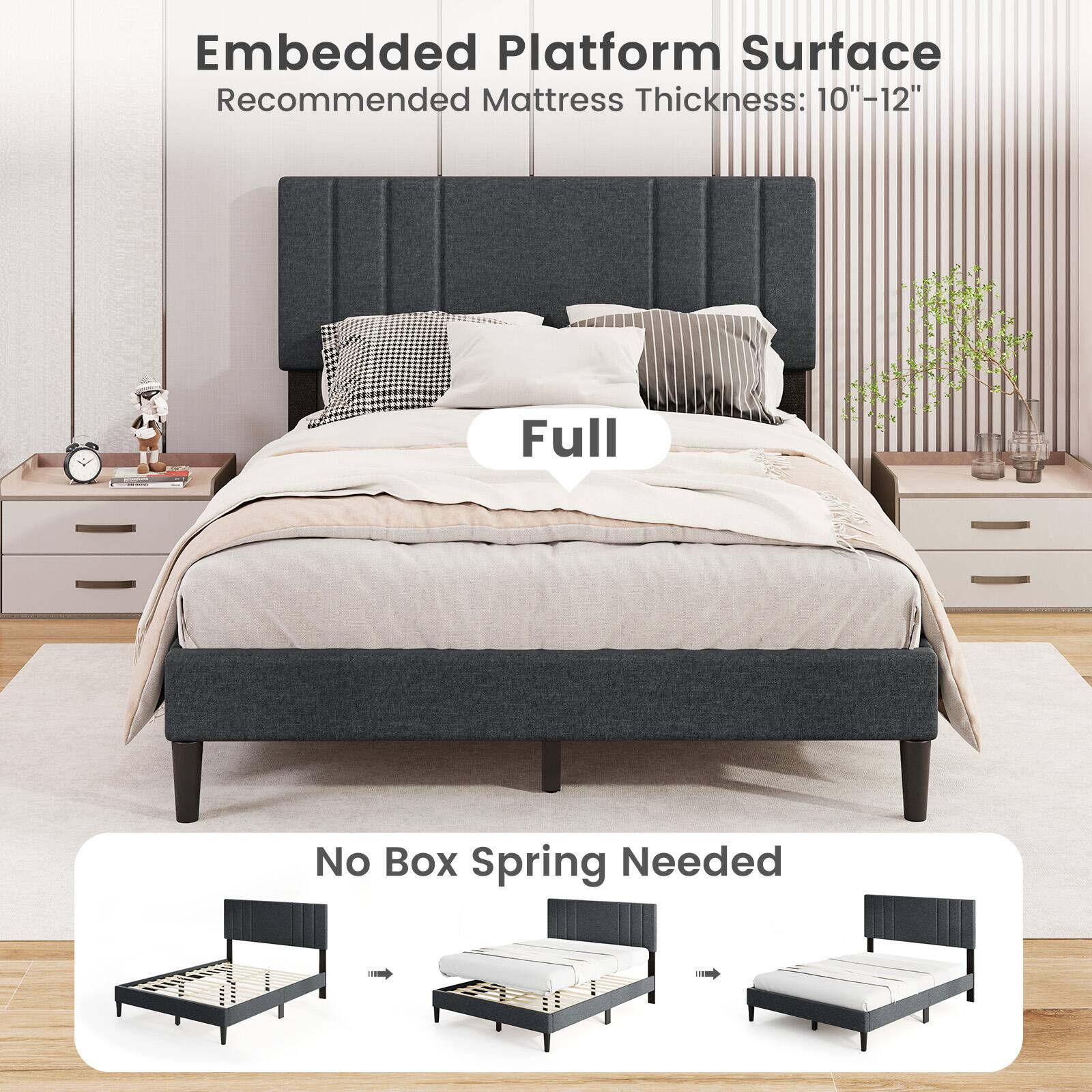 Embedded Platform Surface Recommended Mattress Thickness: 10"-12" Full No Box Spring Needed