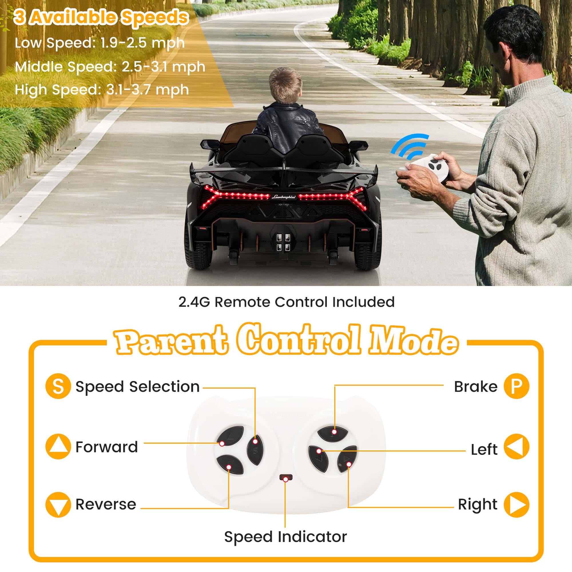 3 Available Speeds  
Low Speed: 1.9-2.5 mph  
Middle Speed: 2.5-3.1 mph  
High Speed: 3.1-3.7 mph  

2.4G Remote Control Included  

Parent Control Mode  
Speed Selection  
Forward  
Reverse  
Brake  
Left  
Right  
Speed Indicator