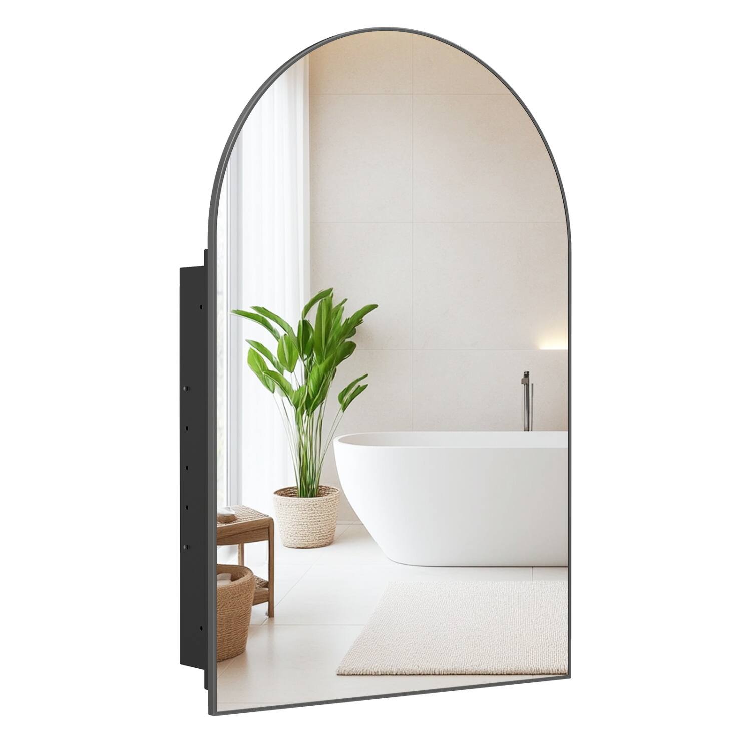 Left. WELLFOR - 34 x 22 in Arched Mirror Medicine Cabinet with Brushed Metal Frame and Adjustable Glass Shelves - Black.