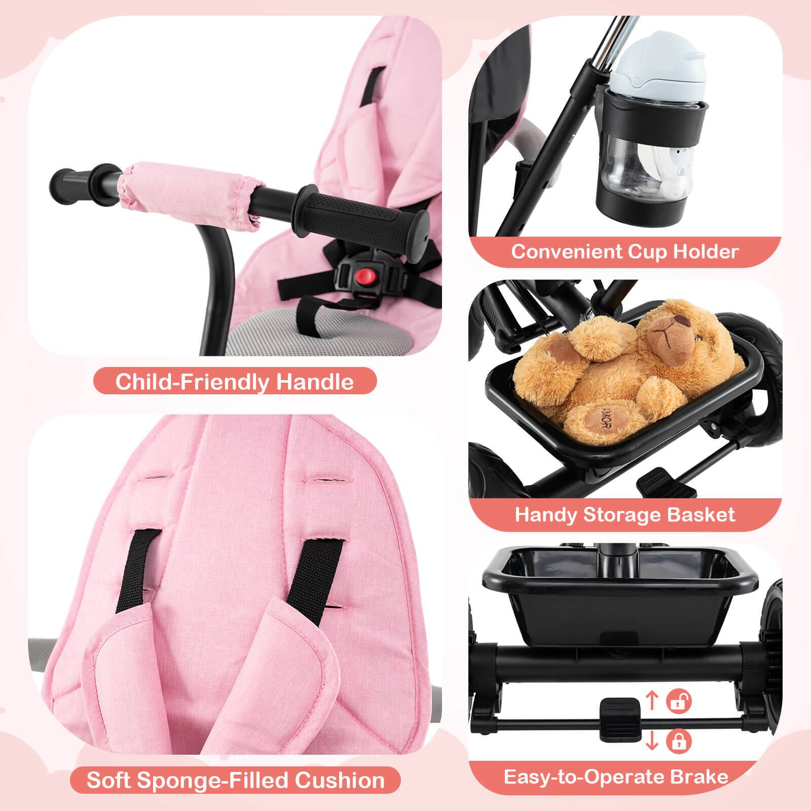 - Convenient Cup Holder
- Child-Friendly Handle
- Soft Sponge-Filled Cushion
- Handy Storage Basket
- Easy-to-Operate Brake