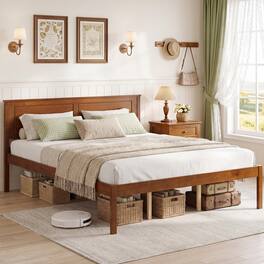 Gymax - Queen Size Bed Frame Farmhouse Wooden Platform Bed w/Headboard Under-Bed Storage - Brown