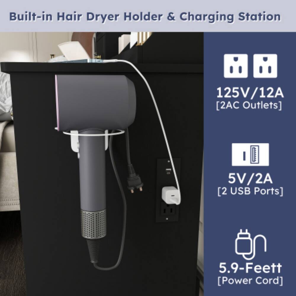 Built-in Hair Dryer Holder & Charging Station  
125V/12A [2AC Outlets]  
5V/2A [2 USB Ports]  
5.9-Feet [Power Cord]