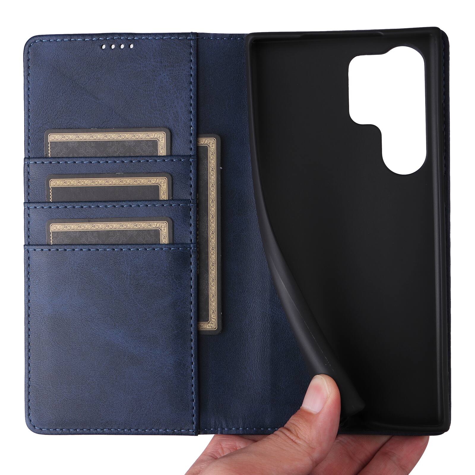 Angle. Dteck - Case for Samsung Galaxy S25 Ultra,Wallet Case with Card Holder for Women Men,Shockproof PU Leather Flip Kickstand Cover - Darkblue.