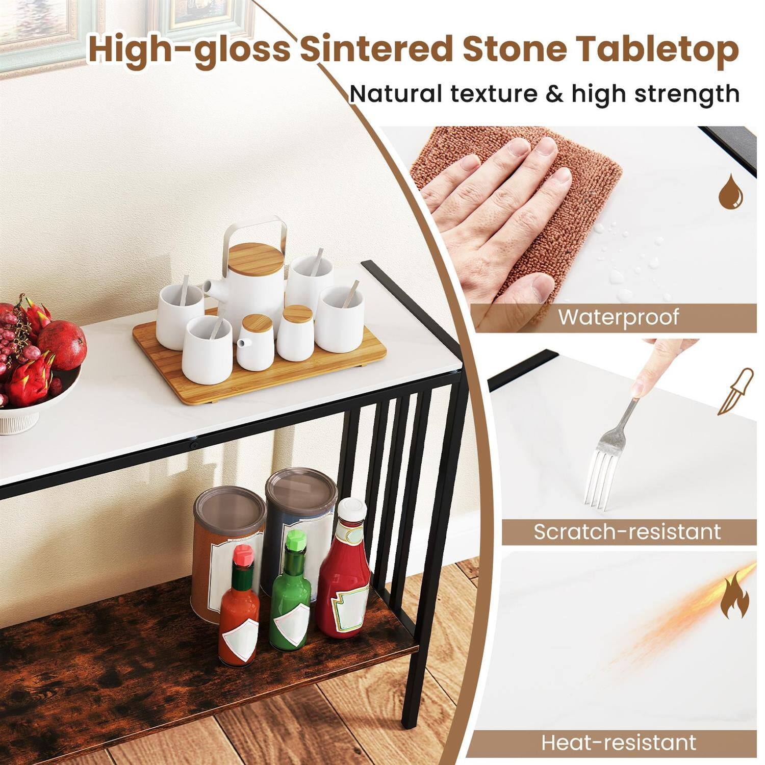 High-gloss Sintered Stone Tabletop  
Natural texture & high strength  
Waterproof  
Scratch-resistant  
Heat-resistant