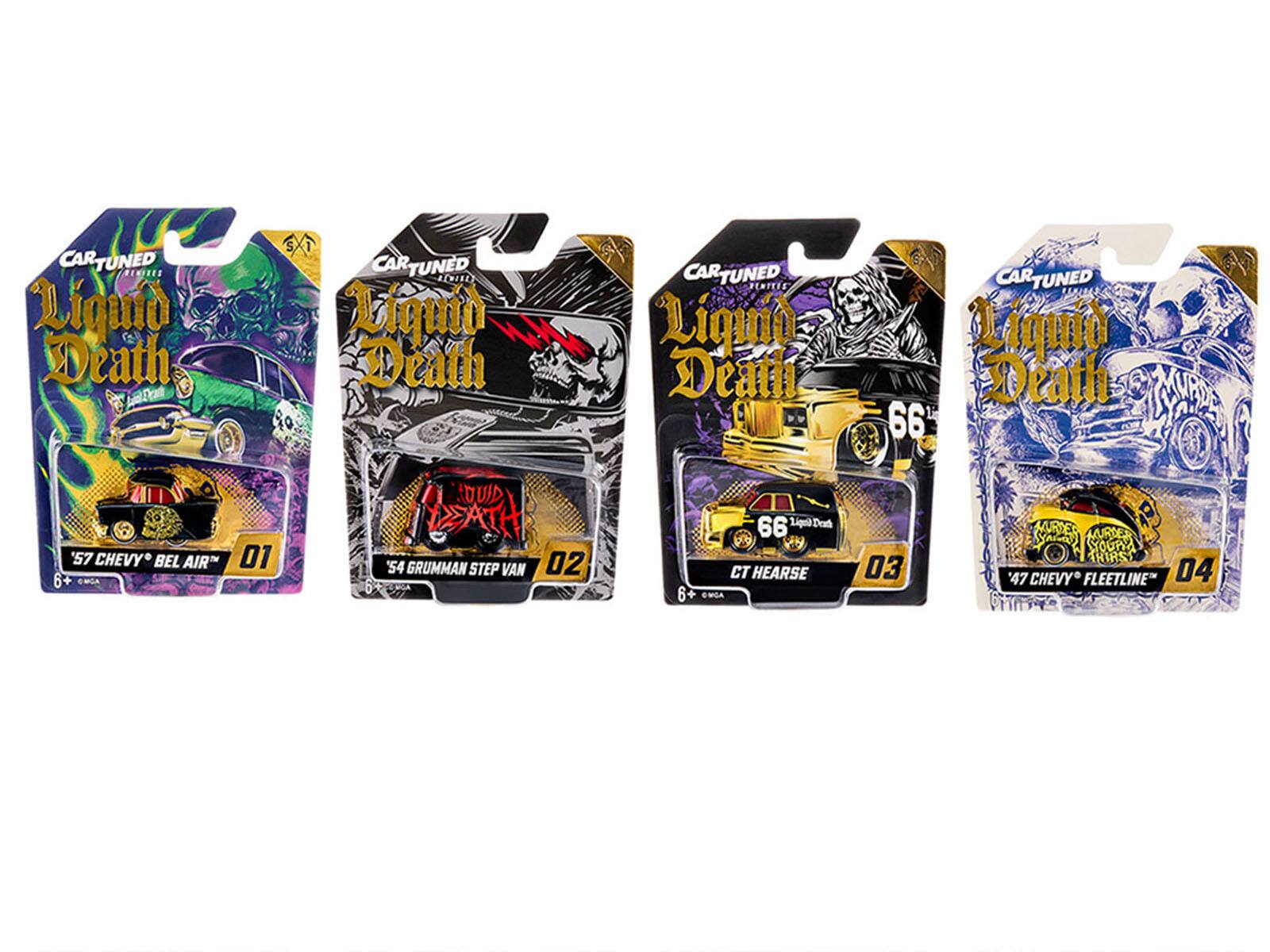 CAR TUNED Liquid Death  
CARTUNED LOUR Liquid Death  
CARTUNED RENTEES Liquid Death  
CARTUNED Liquid Death CHARDS 66  
'57 CHEVY BEL AIR 01  
'54 GRUMMAN STEP VAN 02  
66 Liquid Death CT HEARSE 03  
MURDER SYOUR! THIRS '47 CHEVY FLEETLINE 04