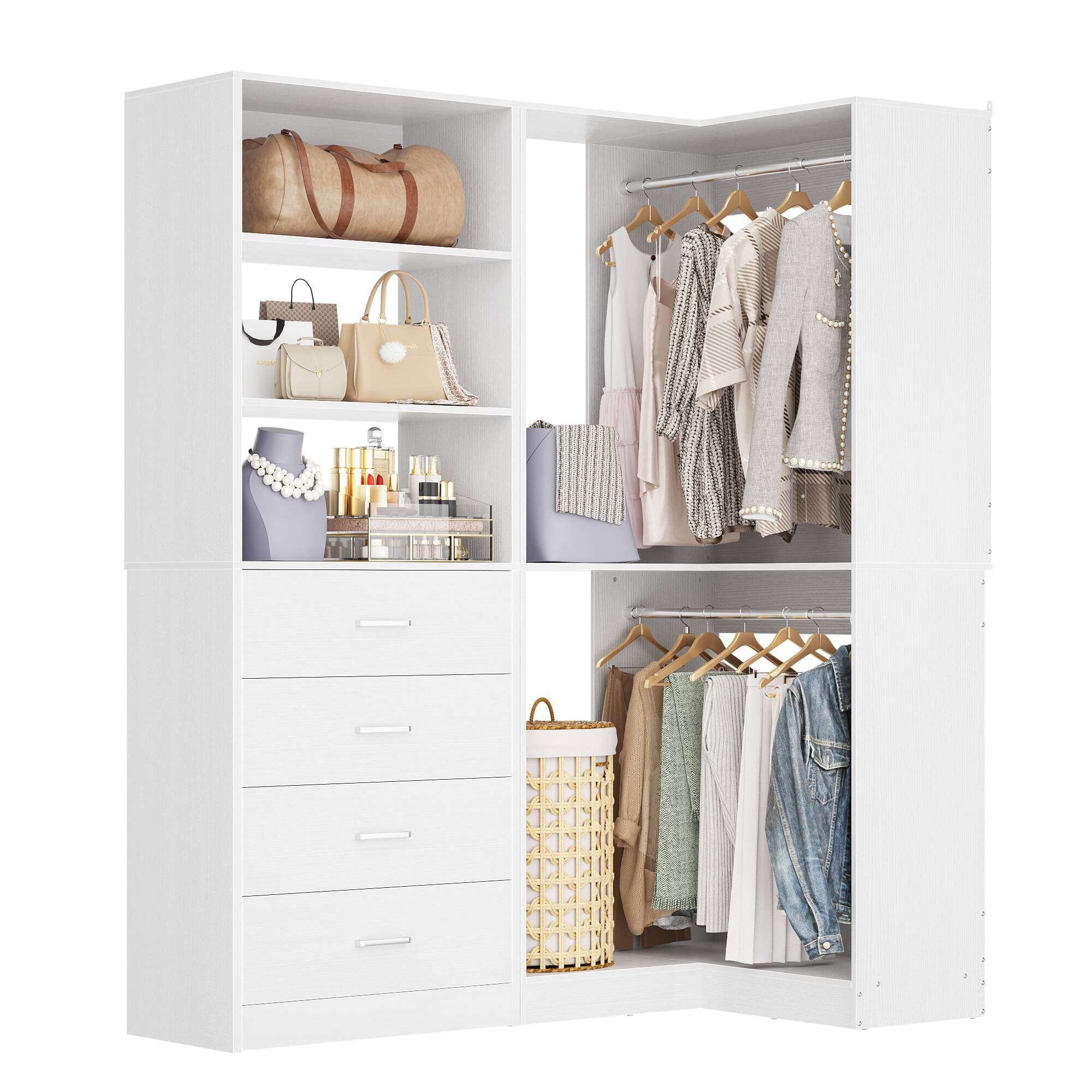 Left. Aheaplus - 4.4FT Closet Organizer System 2-Piece Set with 4 Drawers, 2 Hanging Rods and Storage Shelves, 52.8'' L x 31.5'' W - White.