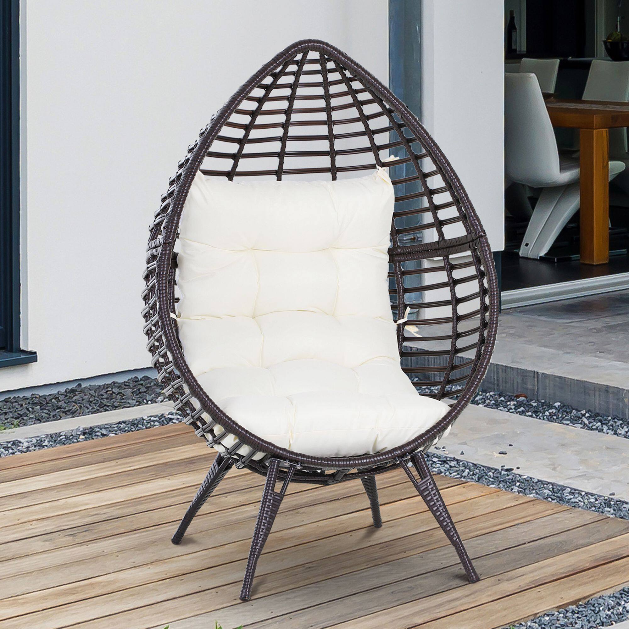 Alt View 1. Outsunny - Patio Wicker Egg Chair w/ Soft Cushion, Teardrop Cuddle Seat, Outdoor / Indoor Patio Chair, PE Plastic Rattan Furniture - Beige.