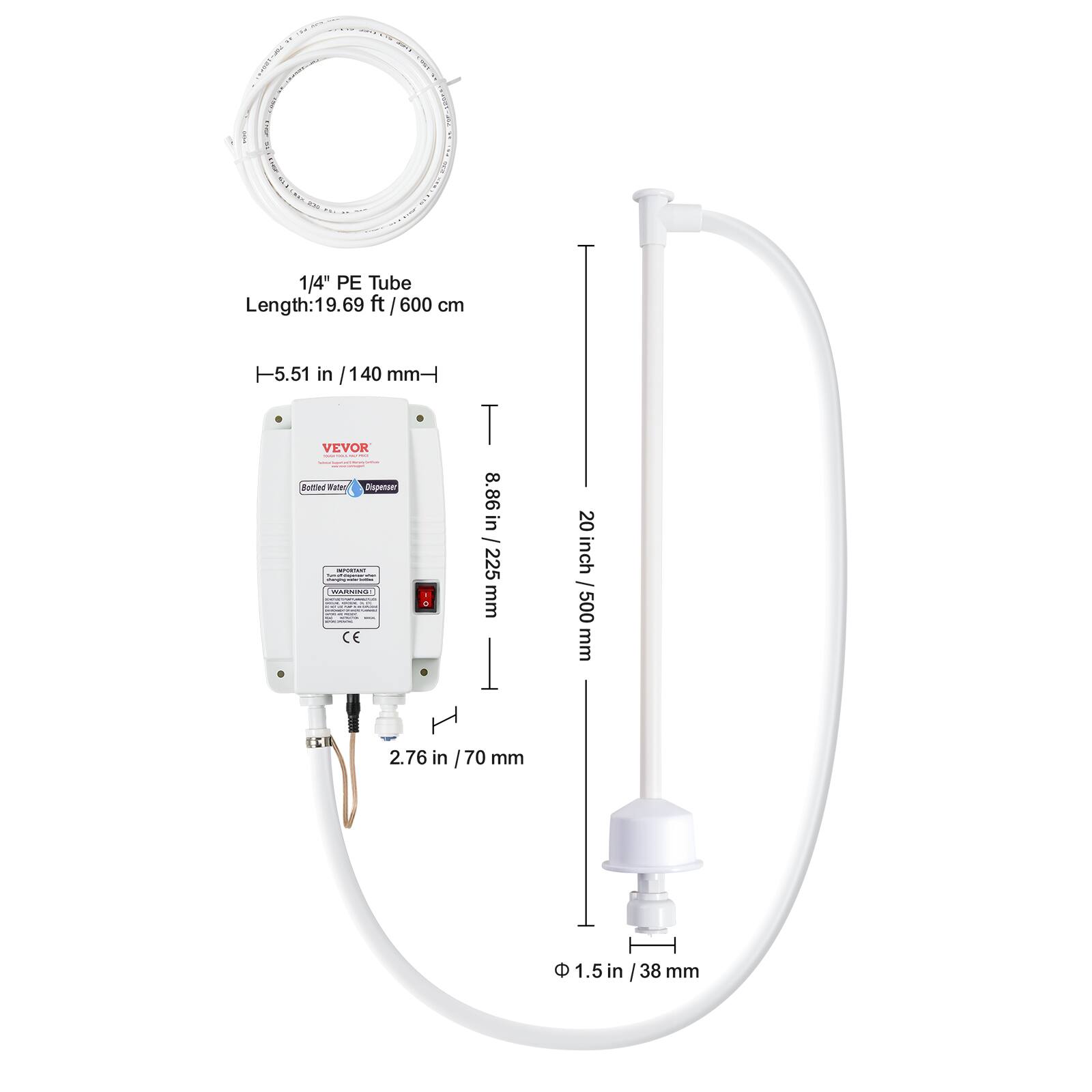 1/4" PE Tube Length: 19.6 ft / 600 cm
- 5.51 in / 140 mm -
VEVOR Bottled Water Dispenser
- 8.86 in / 225 mm -
- 20 in / 500 mm -
- 2.76 in / 70 mm -
- 1.5 in / 38 mm -