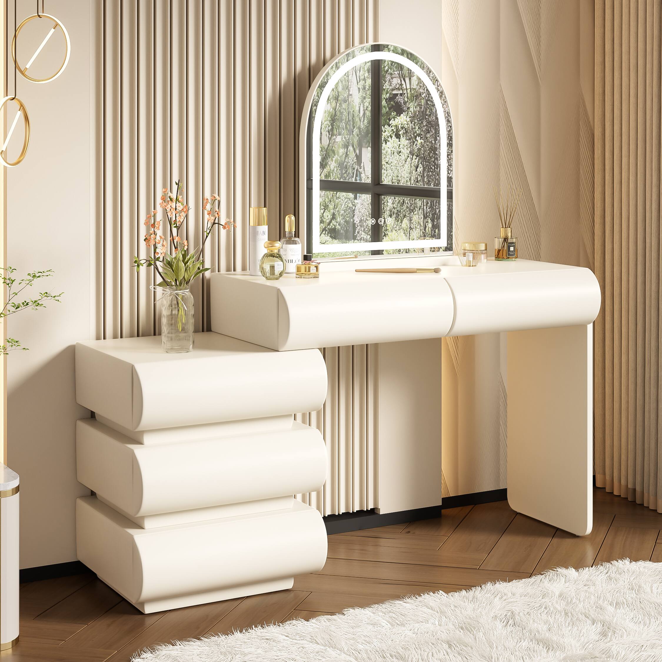 Left. Whisen - Leather Dresser Vanity Table,2-in-1 Makeup Vanity Desk with LED Mirror and 5 Storage Drawers - Beige.