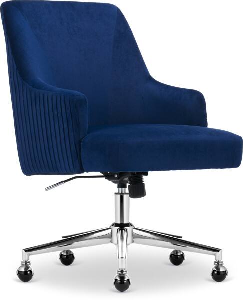 Angle. Serta - Modern Office Chair Curved Mid-Back Design Vanity Chair with Swivel Gold Base Padded Arms Reclining Soft Pleated Velvet - Midnight Blue Velvet.