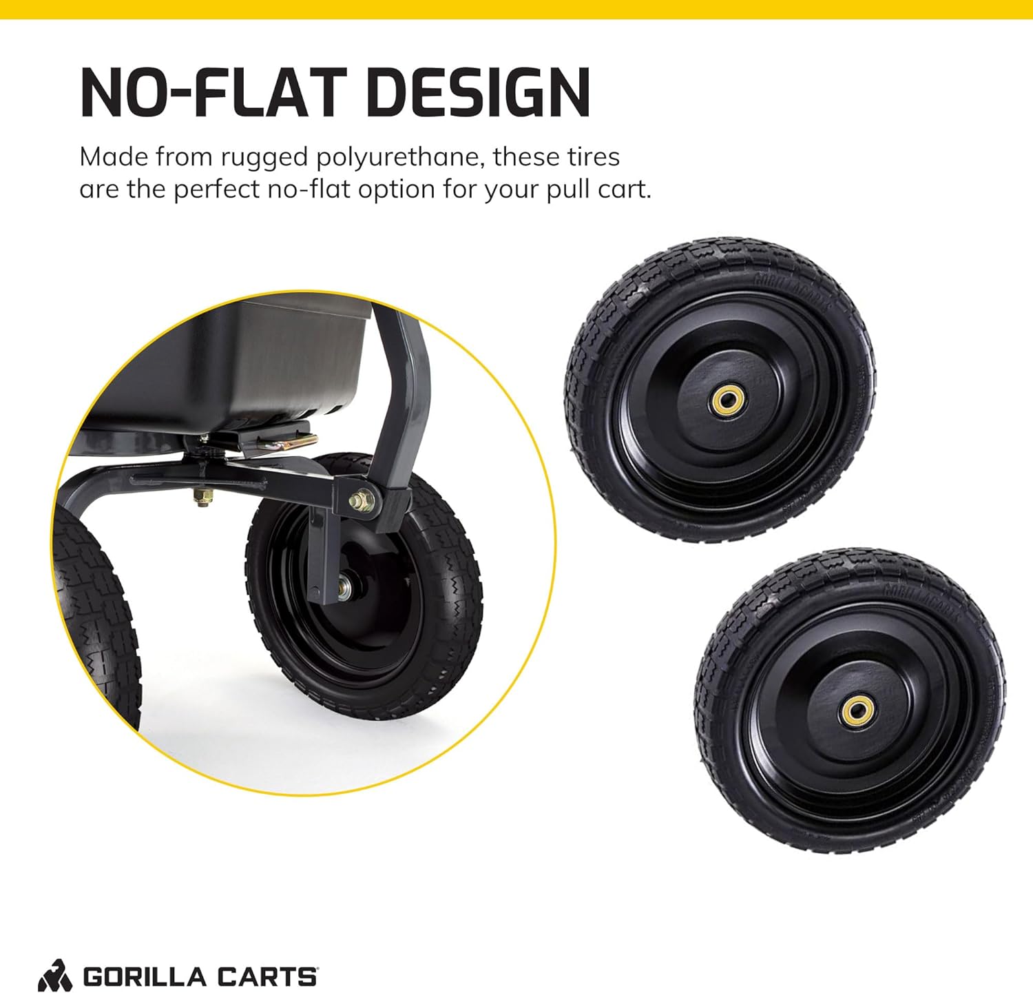 NO-FLAT DESIGN

Made from rugged polyurethane, these tires are the perfect no-flat option for your pull cart.

GORILLA CARTS