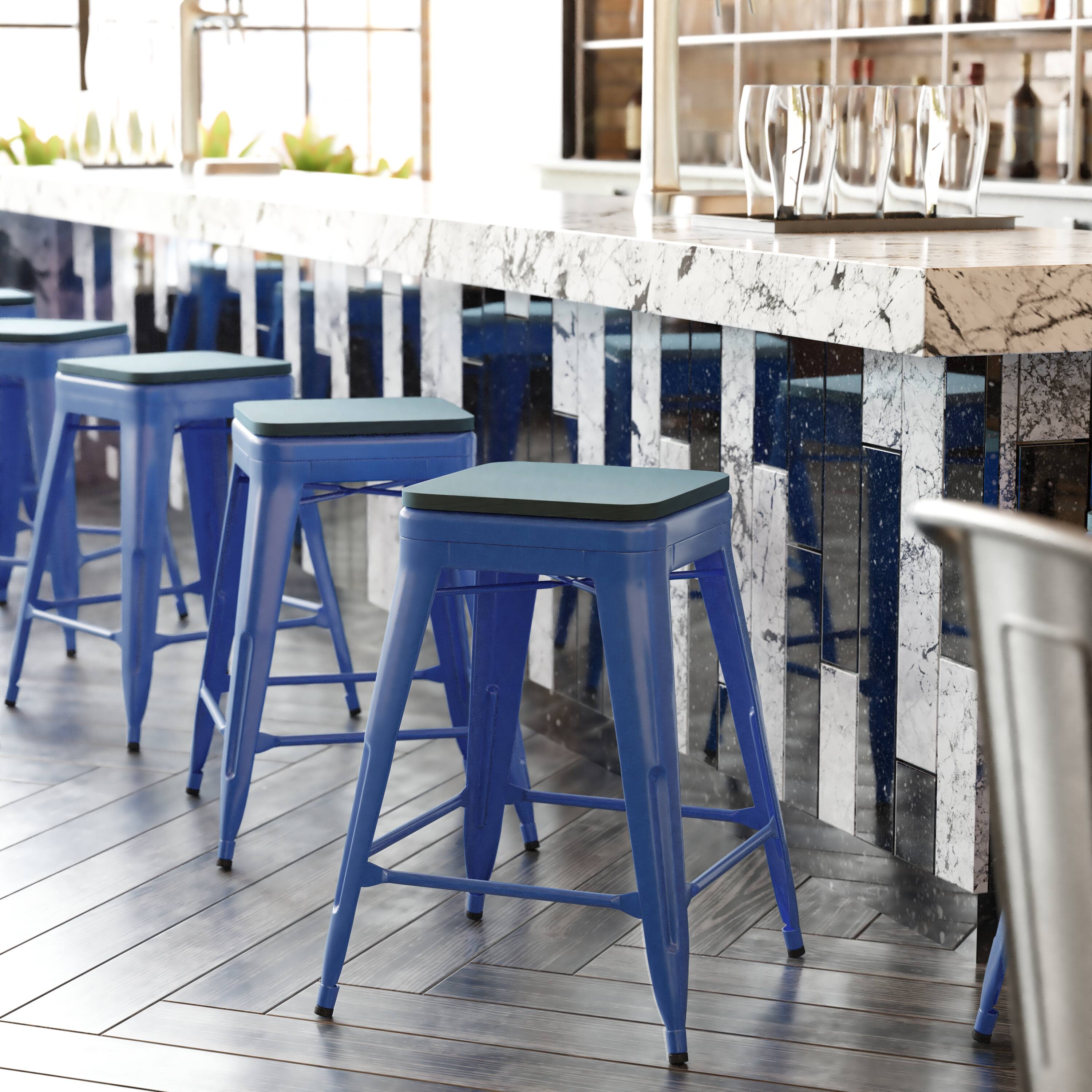 Alt View 1. Emma + Oliver - Kam Backless Metal Indoor-Outdoor Stool with All-Weather Polystyrene Seat - Teal-Blue Seat/Blue Frame.