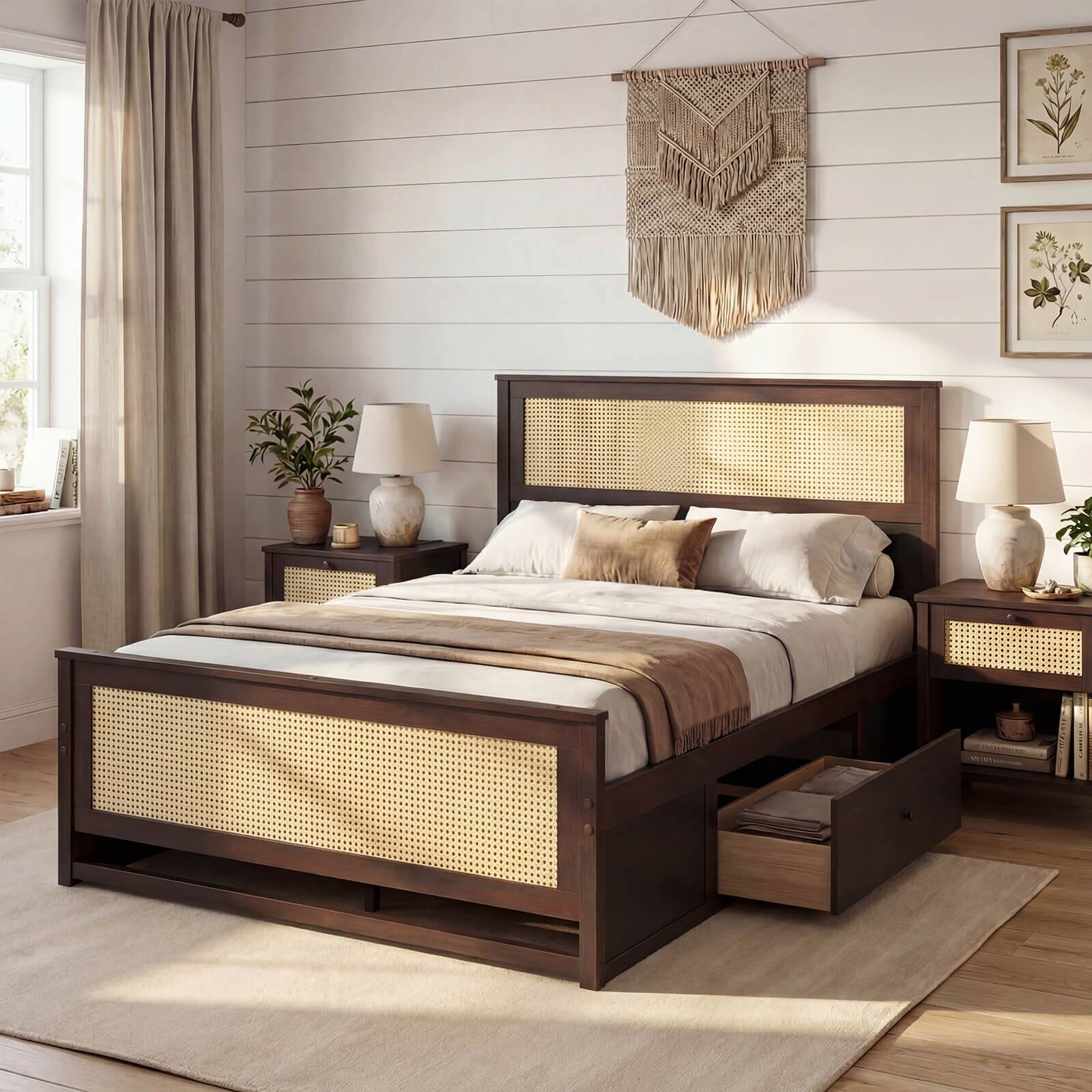 Alt View 4. Costway - Costway Full Size Rattan Bed Frame with Headboard, 2 Storage Drawers & Space - Rustic Brown.
