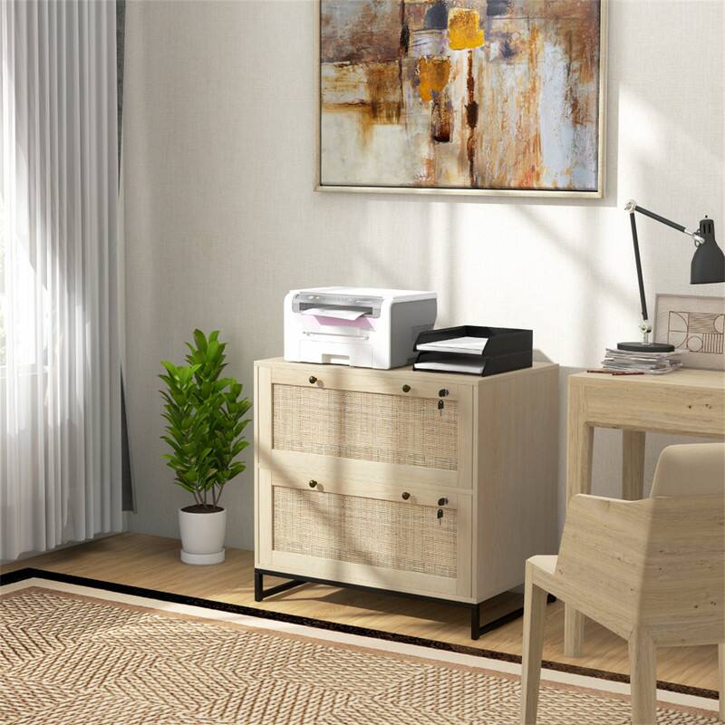Angle. HTUTWOO - 2 Drawer File Cabinet - Vertical Filing Cabinet with Lock and Keys, Rattan Drawers, Adjustable Hanging Bar for A4 Size - Natural.
