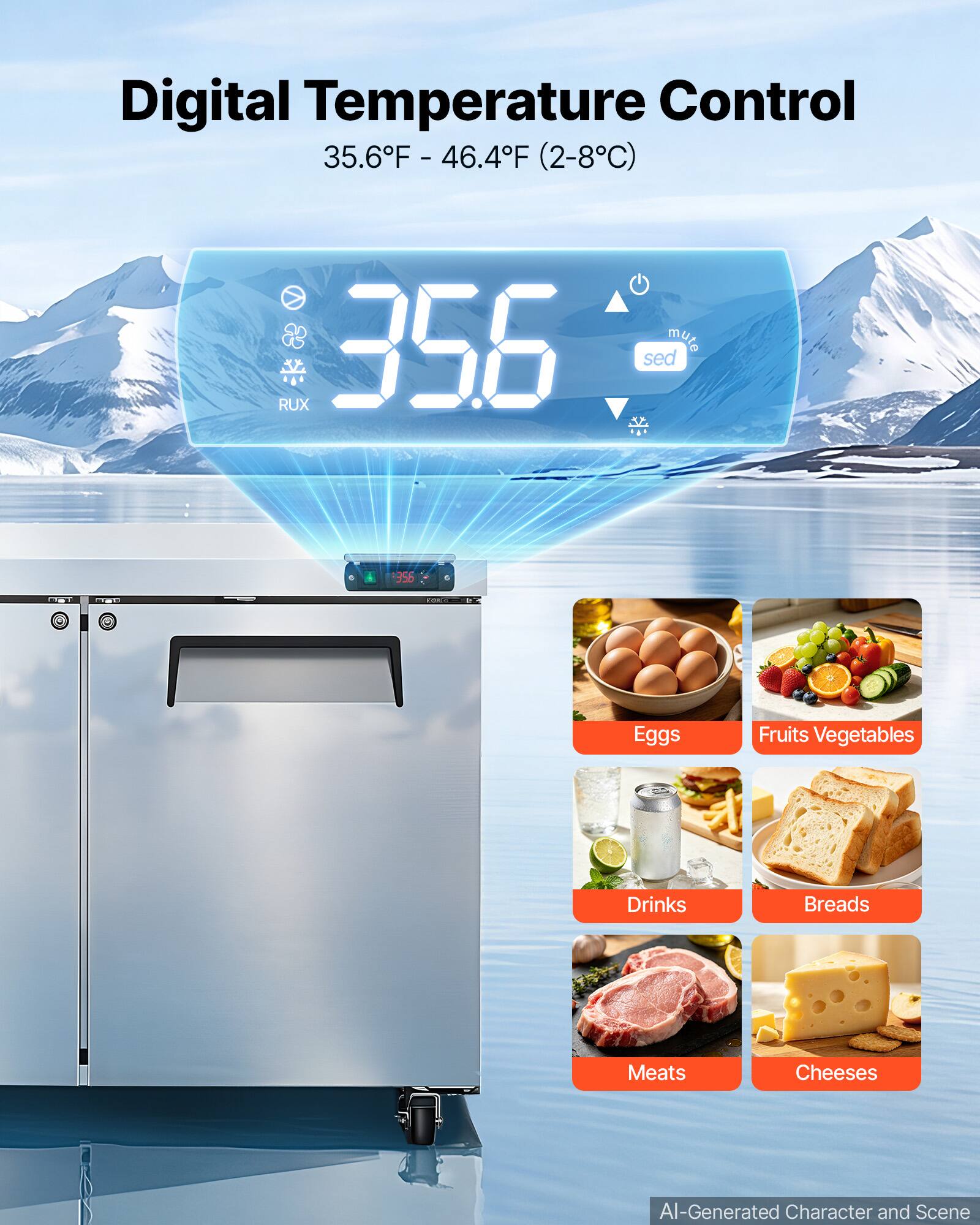 Digital Temperature Control 35.6F - 46.4F (2-8C)

RUX 35.6

mulo sed

TO

10

reads

Eggs

Fruits Vegetables

Drinks

Breads

Meats

Cheeses

AI-Generated Character and Scene