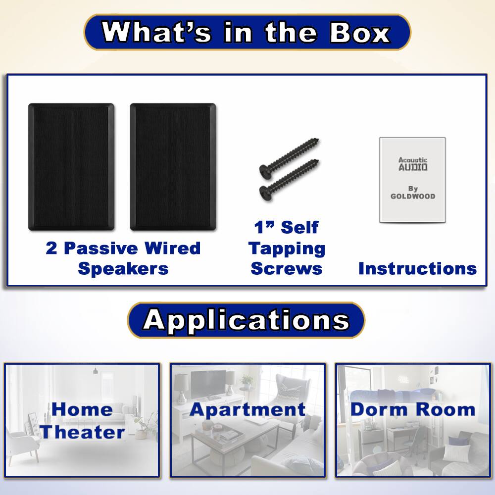 **What's in the Box**

- 2 Passive Wired Speakers
- 1" Self Tapping Screws
- Instructions

**Applications**

- Home Theater
- Apartment
- Dorm Room