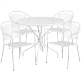 Emma + Oliver - Commercial 35.25" Round Metal Garden Patio Table Set w/ 4 Round Back Chairs - White
